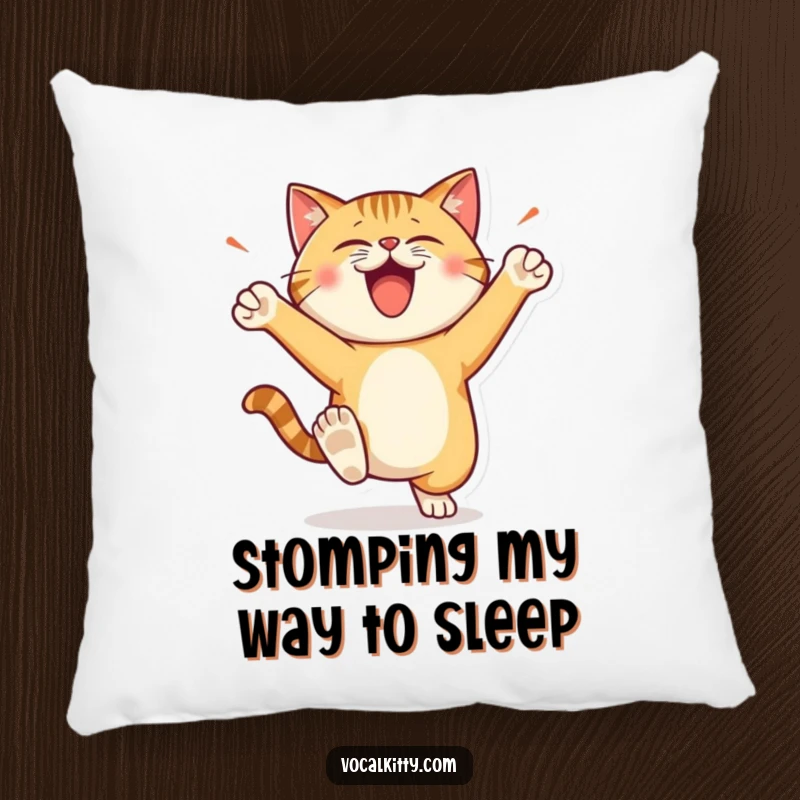 Funny Decorative Pillow of a cat character stomping its feet with loud, happy energy, perfect for adding charm.
