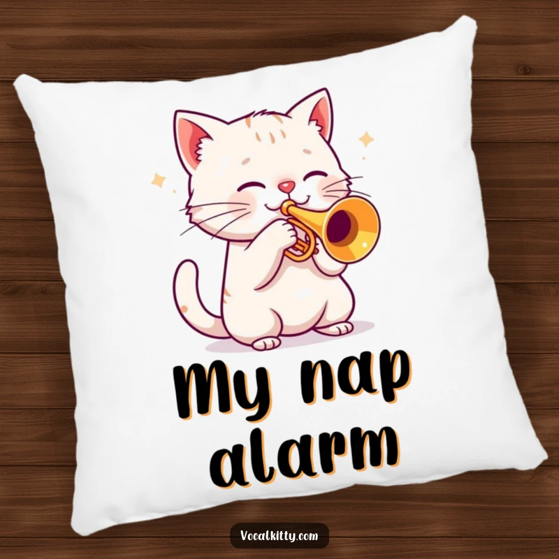 Funny cat asleep on a trumpet, musical notes softly floating, comfortable decorative pillow.