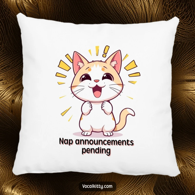Funny cat pillow featuring a cute cat character enthusiastically announcing something with large, comic-style sound effect words like 'POW!' and 'YEAH!'.
