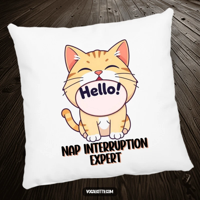 Funny cat pillow with a huge oval mouth saying 'Hello!', decorative and comfortable.