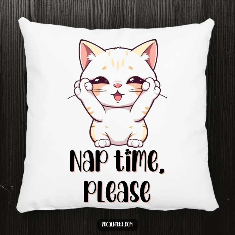 Funny pillow with a cat covering its ears, overwhelmed by its own noise, offering plush comfort and a humorous take on relatable stress.