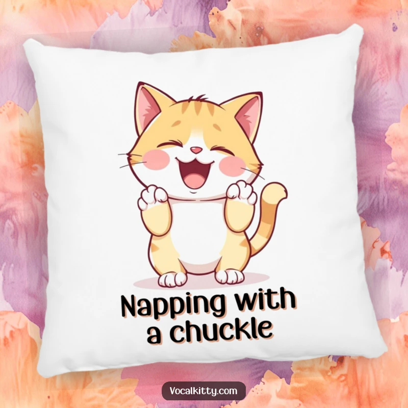 Funny Decorative Pillow of a cat character giggling heartily, holding its sides, bringing warmth and humor.