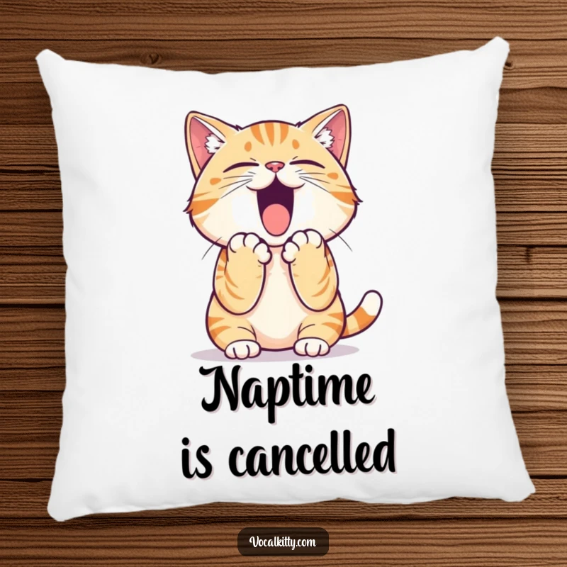 Funny cat pillow featuring a cat with paws cupped around its mouth, mid-yell, bringing a humorous touch to any room.