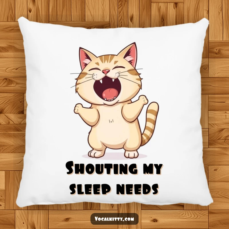 Funny pillow with a cat shaking its body while making an exaggerated, loud shout, soft and humorous.
