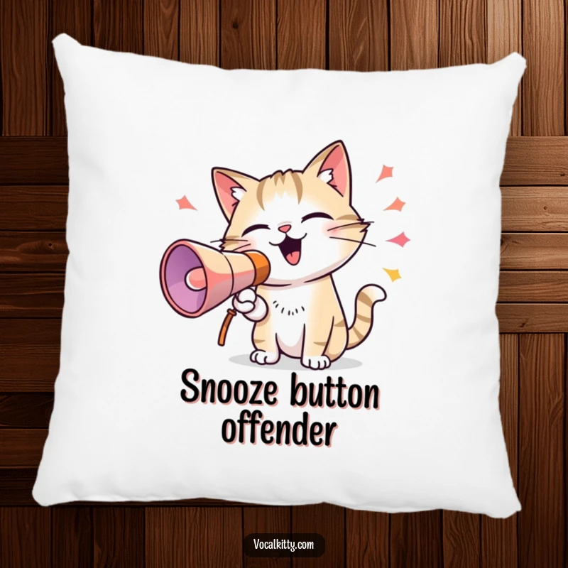Funny pillow with a cat using a megaphone to emit colorful sound waves, offering comfort and a humorous touch for cat lovers.