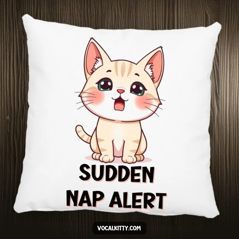 Funny startled cat pillow, ears perked high, eyes wide, a humorous representation of being taken by surprise.