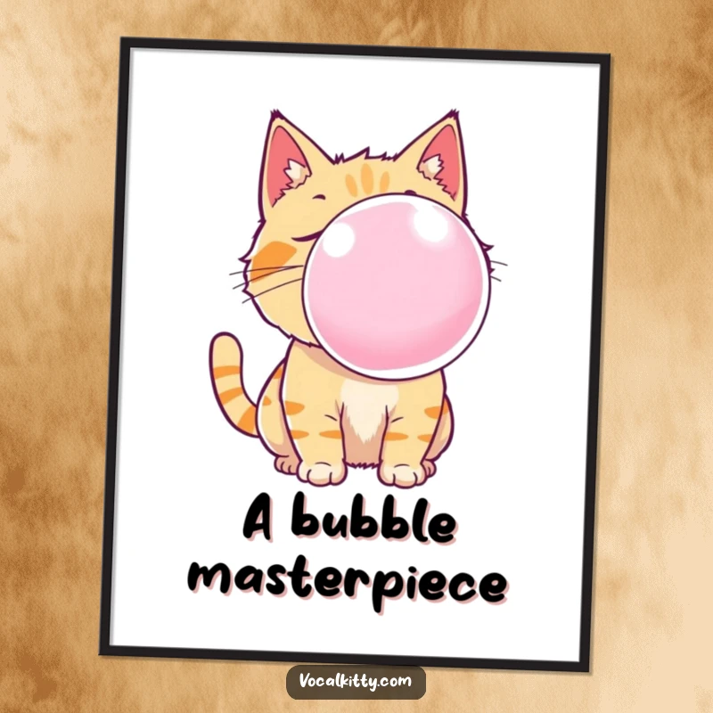 Funny cat blowing a massive, iridescent bubble gum bubble in vibrant digital art, perfect for humorous home or office decor.