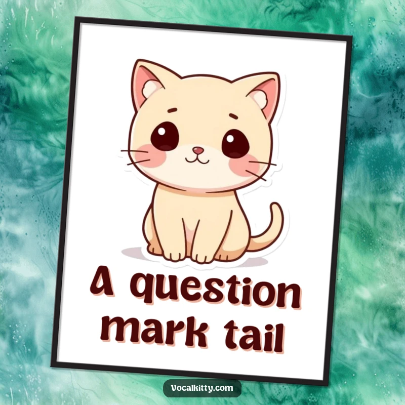 Funny Cat Digital Art Print of a small cat with a question mark tail, conveying curiosity and charm.