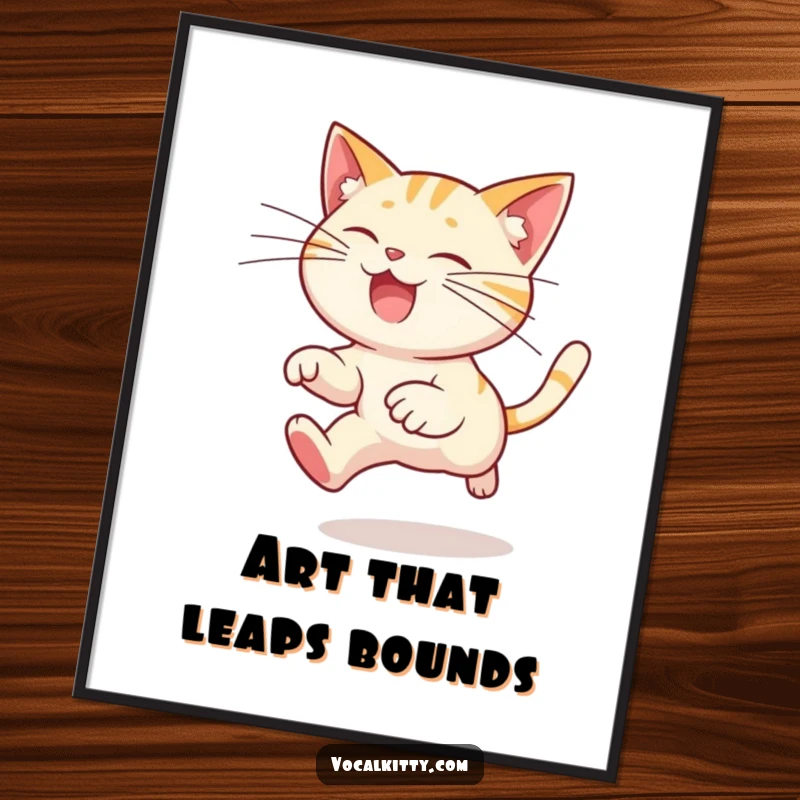 Funny cat digital art print of a cartoon cat leaping high, with exaggeratedly long whiskers trailing, perfect for humorous wall decor.