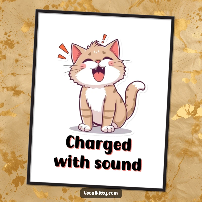 Funny shocked cat digital art print of a fur-on-end feline letting out a cartoon 'ROAR!'. Humorous and startling.