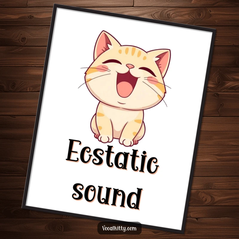 Funny digital art print of a cartoon cat character with its mouth wide open, letting out an infectious and joyful squeal.