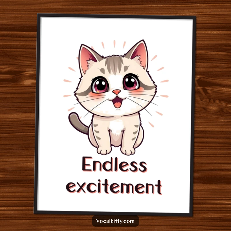 Funny cat with an excited expression, radiating outward echo effects, in vibrant digital art, symbolizing amplified joy.