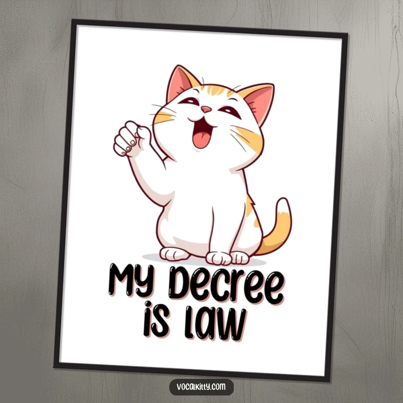 Funny digital art print of a black cat dramatically pointing a paw to the sky, bellowing with intense, comedic sound.