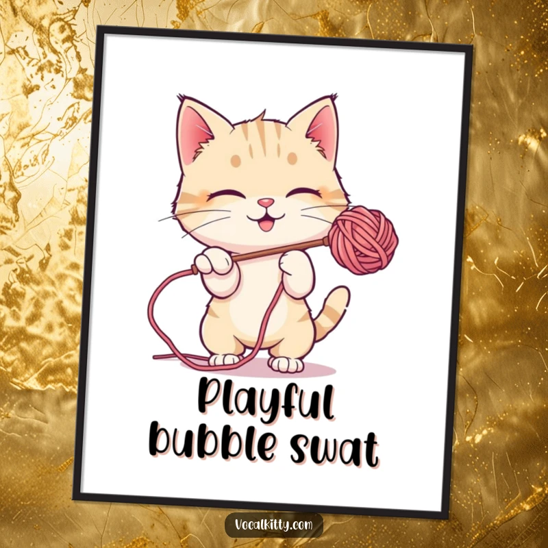 Funny Digital Art Print of a cat playfully batting at a floating soap bubble, embodying pure, lighthearted fun.