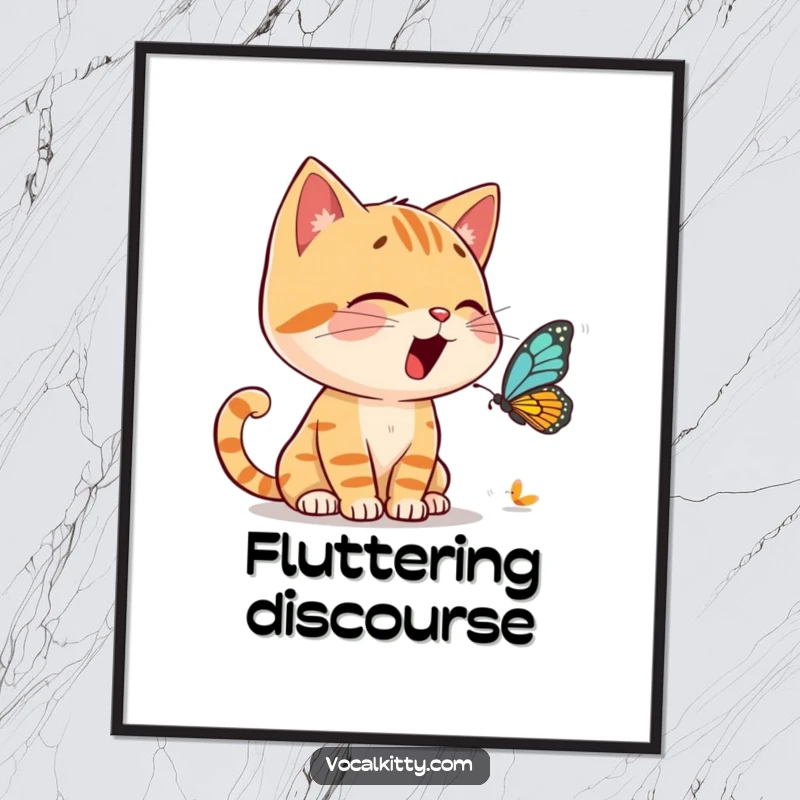 Funny Digital Art Print capturing a cat character animatedly conversing with a tiny butterfly, conveying playful dialogue and whimsy.