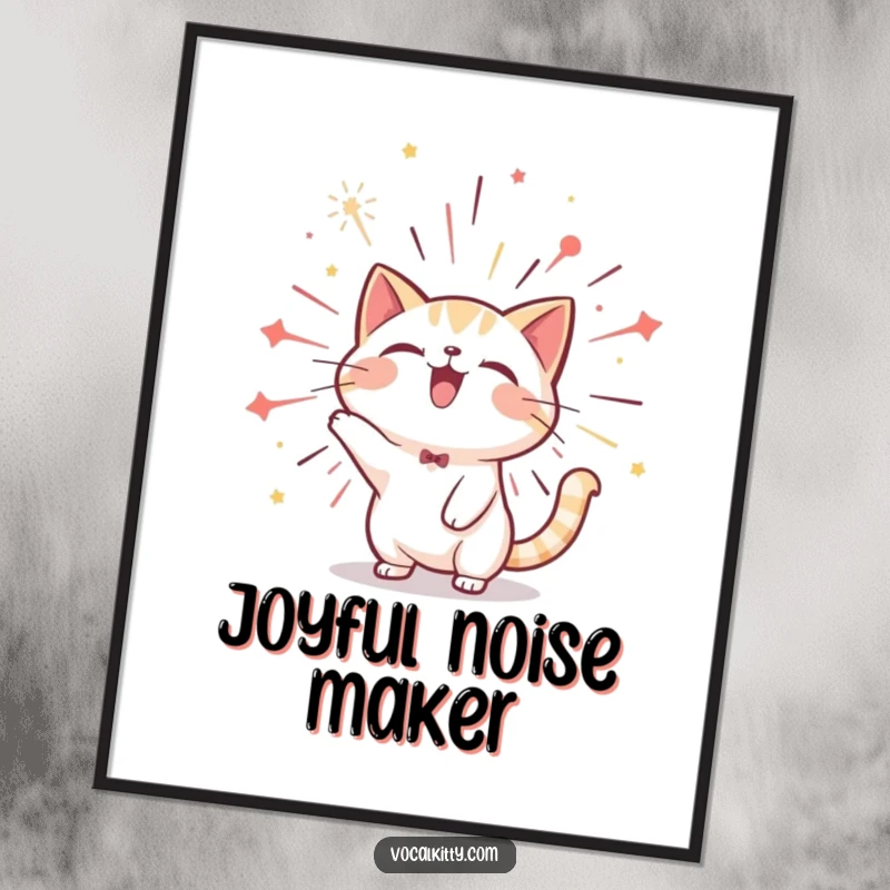 Funny cat digital art print of a character bursting with joyful sound like a firework, offering immediate festive energy and visual appeal.