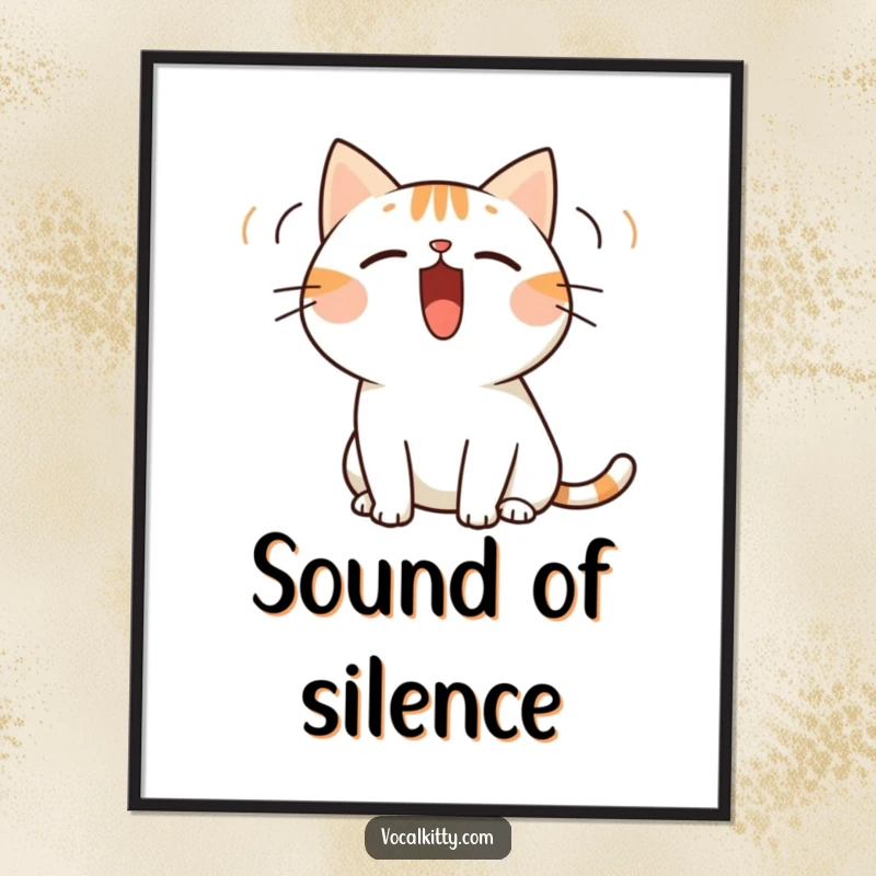 Funny digital art print of a simplified cat with its mouth open wide, emitting visible sound waves, symbolizing loudness.
