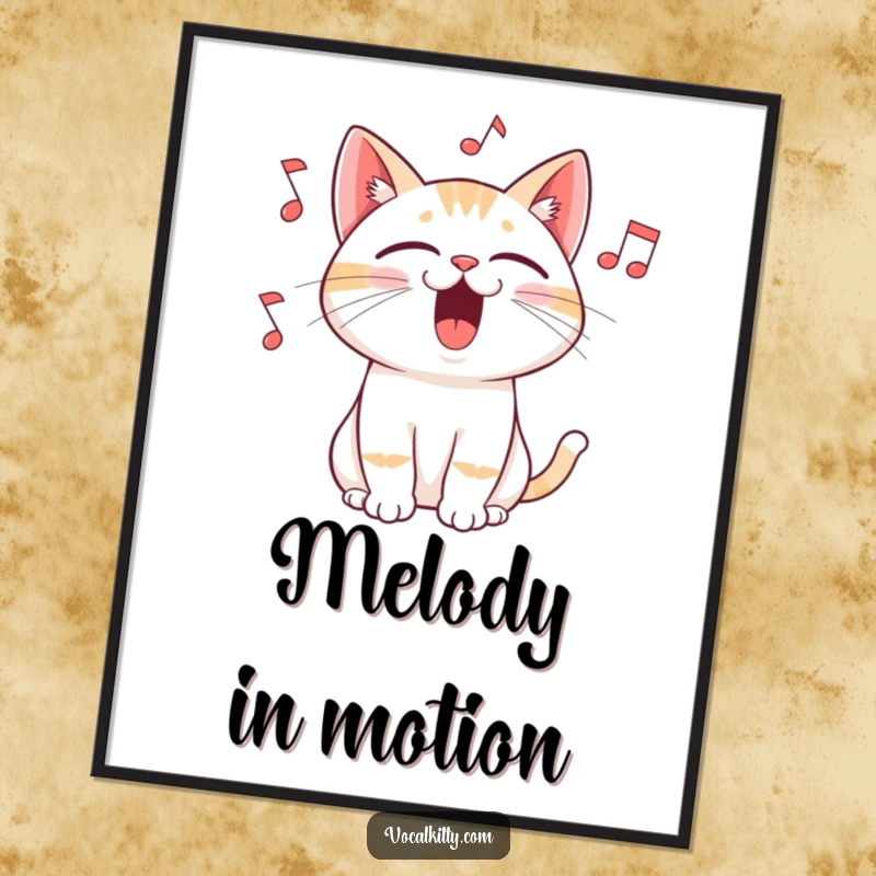 Funny digital art print of a cat singing with mouth wide open and musical notes flying out, symbolizing a passionate feline performer for wall decor.
