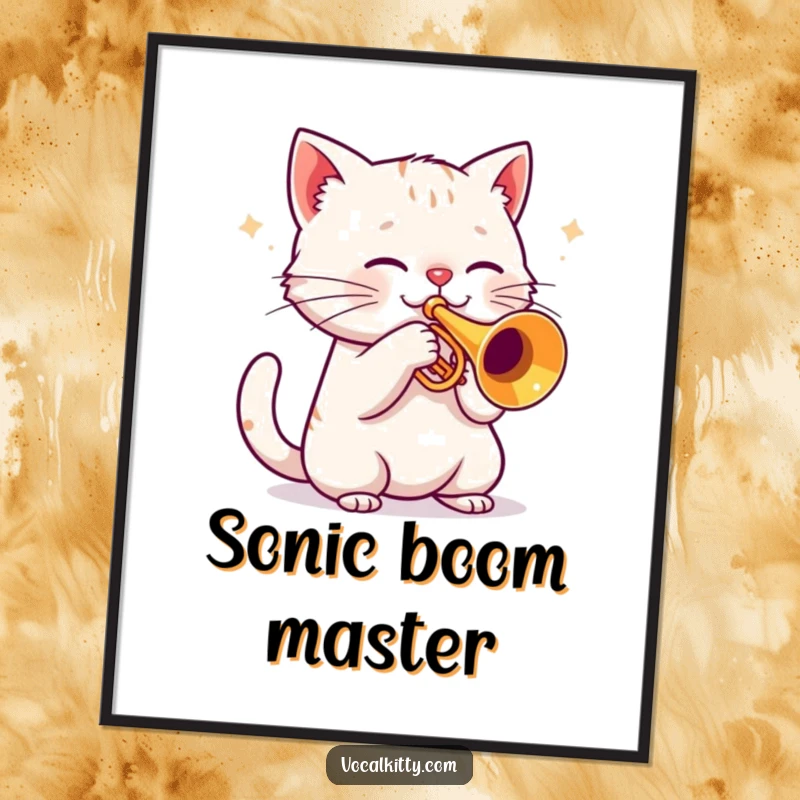 Funny cat playing a trumpet, digital art print, downloadable music cat illustration.