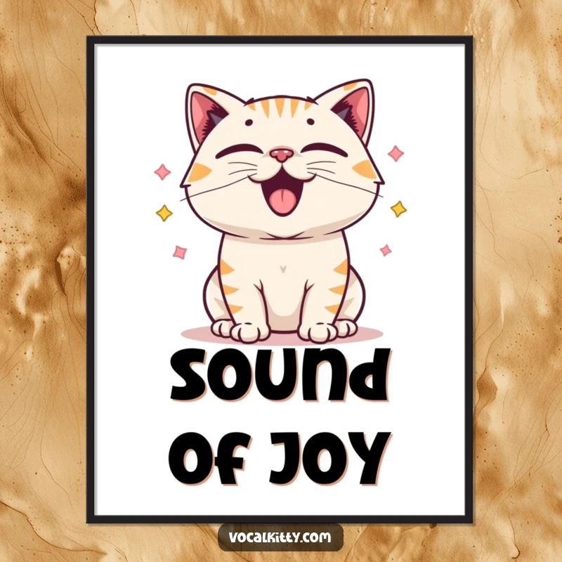 Funny digital art print of a cartoon cat with comically exaggerated vocal cords vibrating intensely, creating visible happy sound.