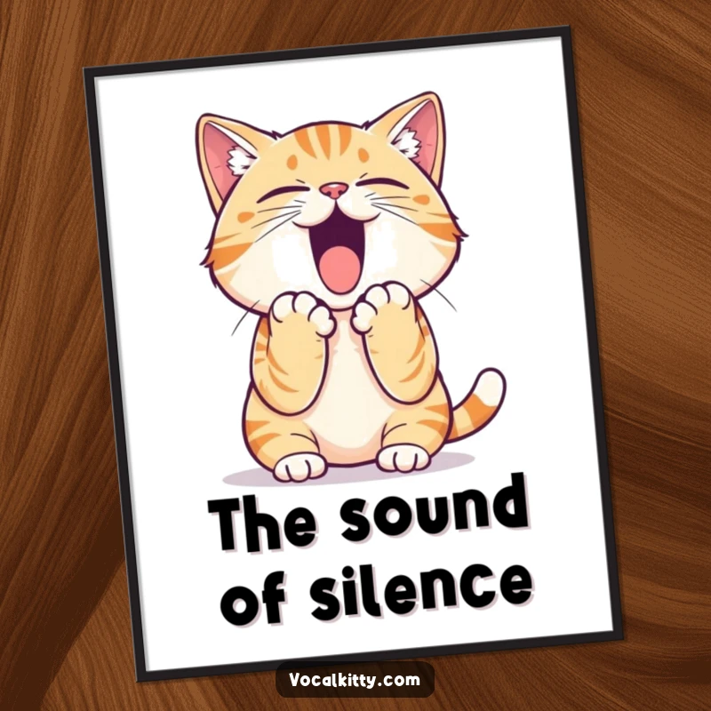 Funny cat practicing a loud yell, paws cupped for maximum volume, in vibrant digital art, perfect for humorous home decor.