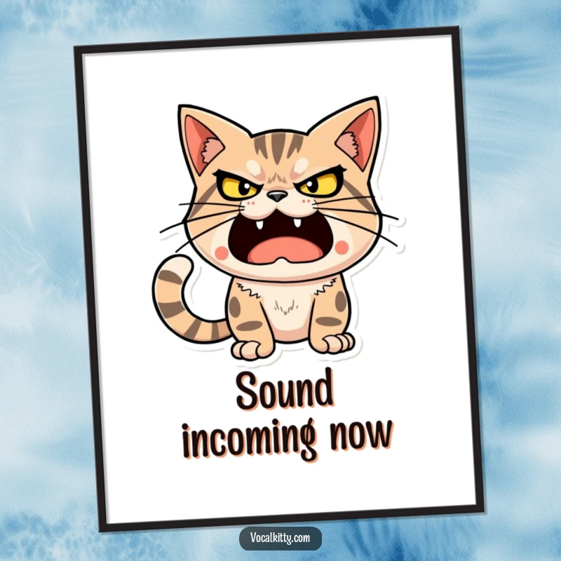 Funny cat character with a determined, loud expression, ready to unleash a big sound, as a digital art print.