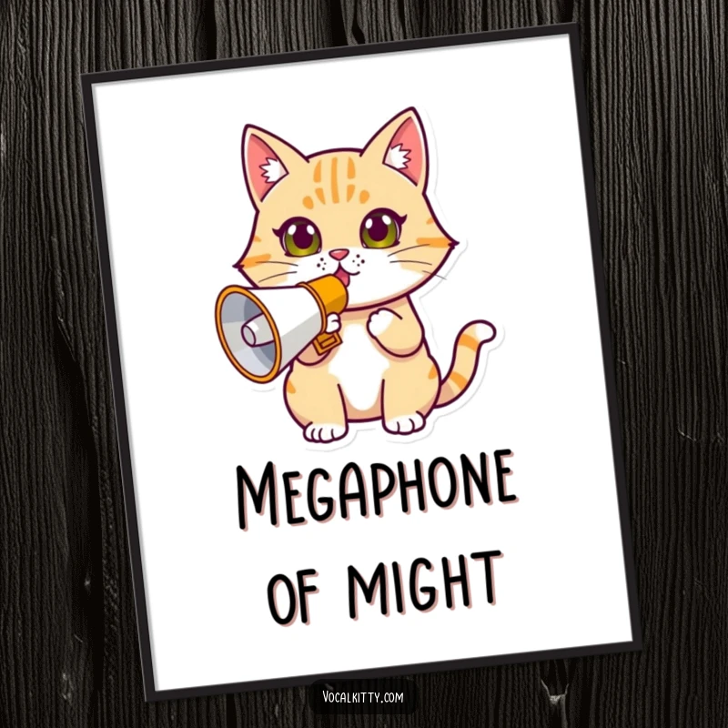 Funny determined cat digital art print of a feline holding a megaphone, ready to make a loud, clear announcement.
