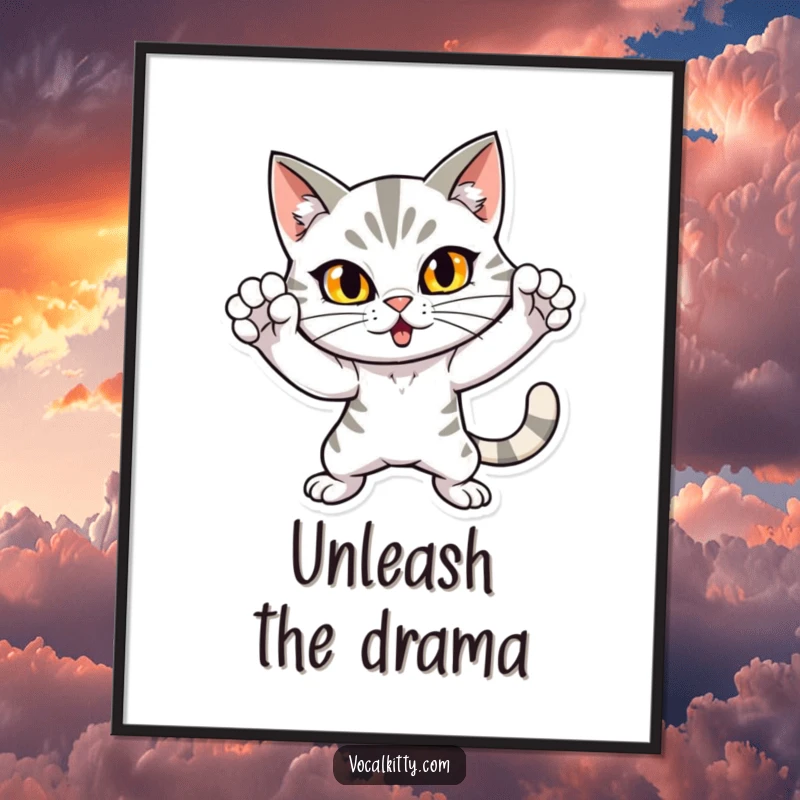 Funny digital art print of a cat striking a loud, attention-grabbing dramatic pose, conveying playful energy and humor. High-resolution, printable art.