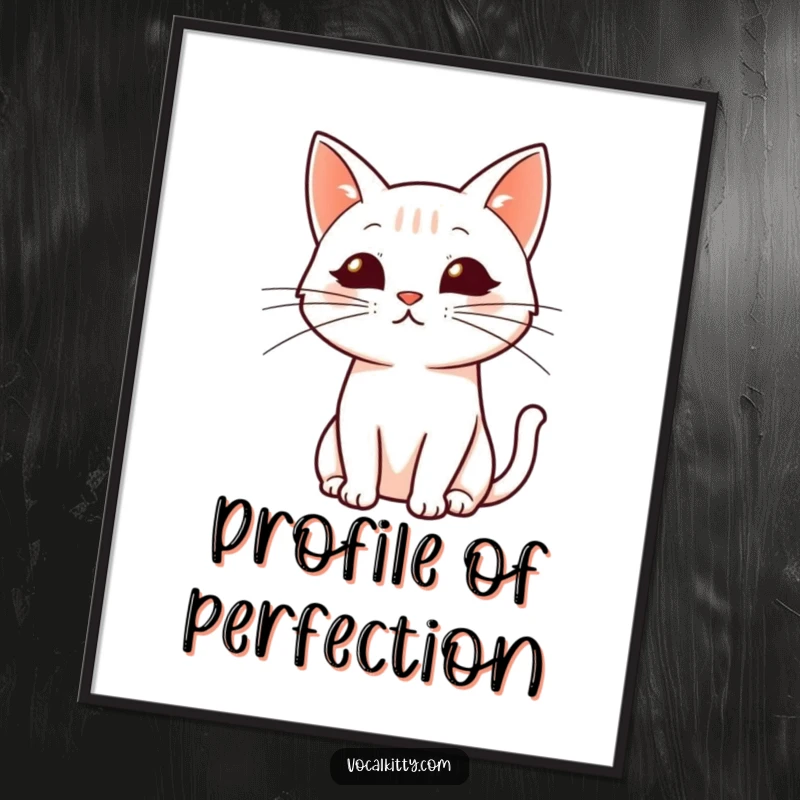 Funny digital art print: A simplified cat profile with dynamically drawn whiskers, representing sleek, modern feline artistry.