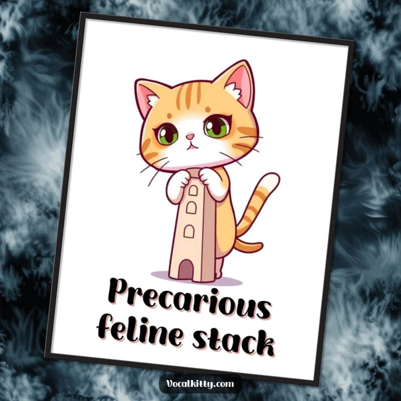 Funny Digital Art Print of a cat with extreme concentration, balancing a tiny tower, embodying focus.