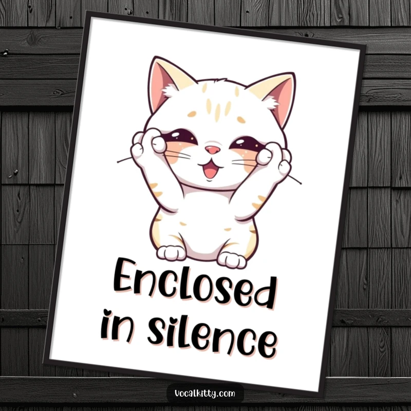 Funny digital art print of a cat covering its ears, overwhelmed by its own noise, creating a humorous and relatable piece for any wall.