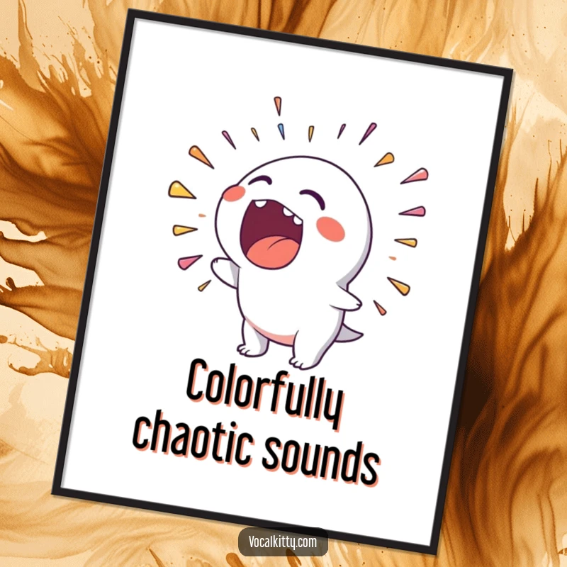 Funny digital art print of a character loudly spewing a colorful rainbow of noise from its open mouth, high-energy art.