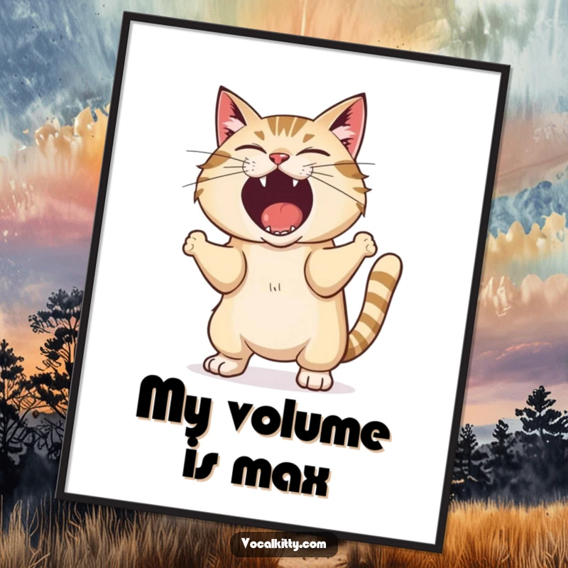 Funny digital art print of a cat shaking its body while letting out an exaggerated, loud shout, for walls.