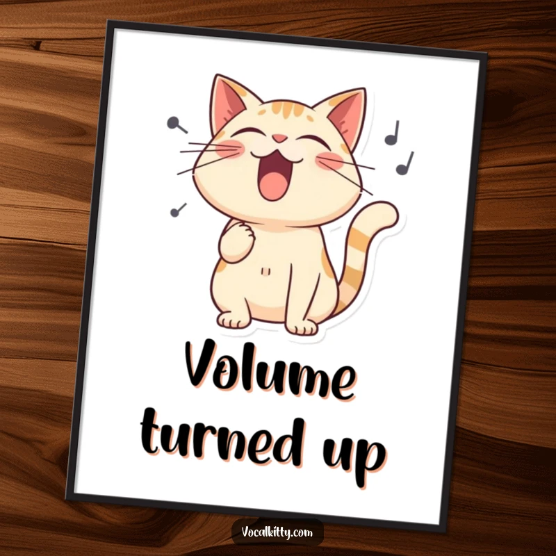 Funny digital art print of a stylized cat singing powerfully, surrounded by comically large, vibrating sound waves.