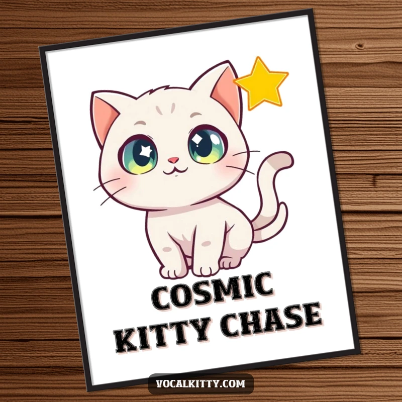 Funny Digital Art Print of a cat with wide, sparkling eyes chasing a shimmering star, embodying wonder and dreams.