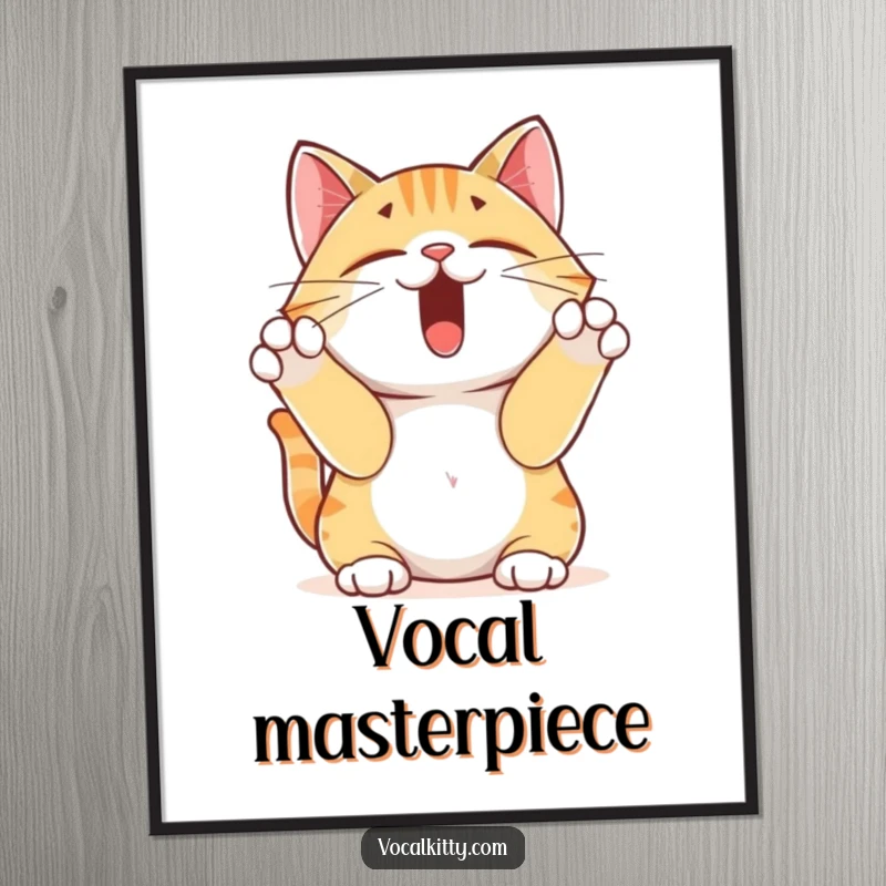 Funny yodeling cat digital art print, a cat yodeling enthusiastically with its paws over its ears, highly detailed and humorous.