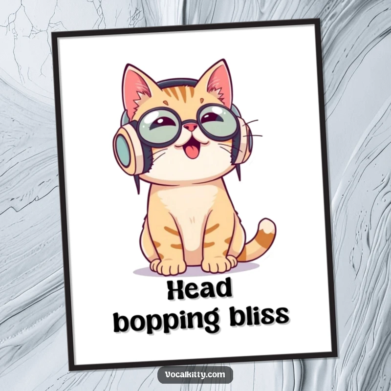 Funny digital art print of a cat wearing oversized headphones, enthusiastically bobbing its head to music, full of rhythm.