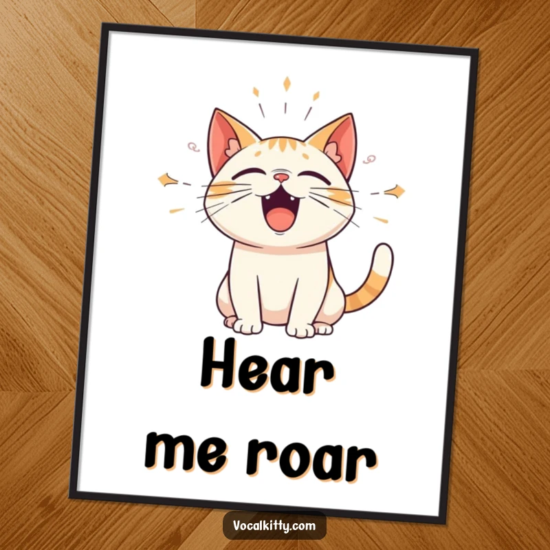 Funny digital art print of a cat emitting amplified sound waves from its mouth, symbolizing loud expression and humorous communication. High-resolution, printable art.