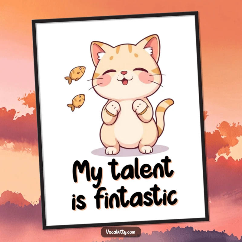 Funny cat digital art print of a character skillfully juggling three small fish with its paws, creating a humorous and whimsical display.