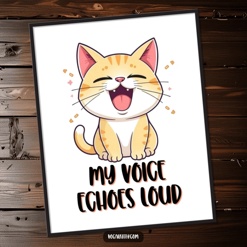 Funny Digital Art Print: A cat with its mouth wide open, emitting cartoon sound waves, offering instant vocal humor.