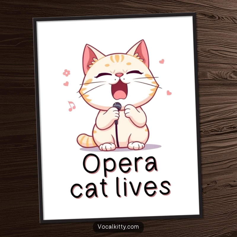 Funny digital art print of a cat character singing opera with exaggerated dramatic flair, capturing a moment of performance.