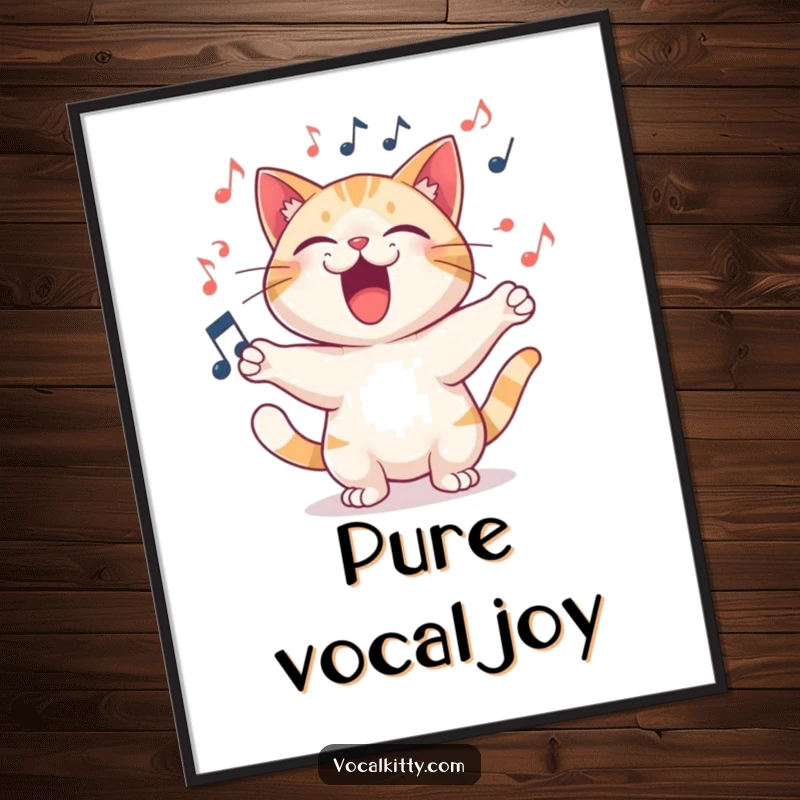 Funny Digital Art Print of a cat character singing loudly and joyfully, with musical notes swirling vibrantly.