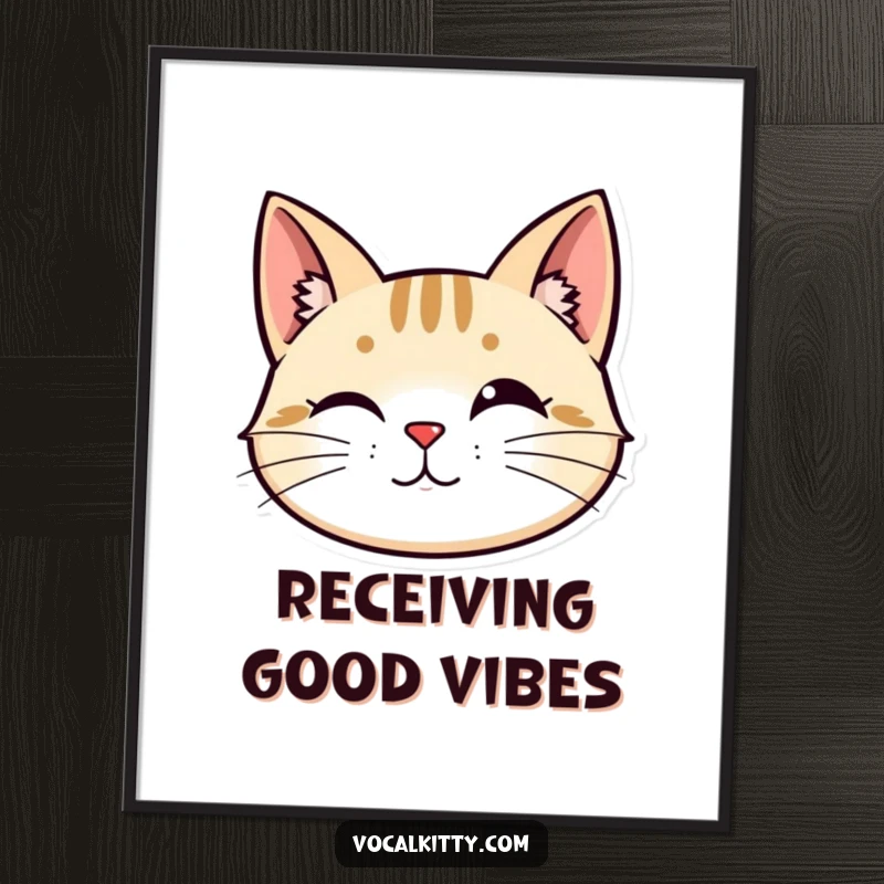 Funny digital art print: A stylized cat head with perked ears and vibrating whiskers, capturing intense, playful curiosity.