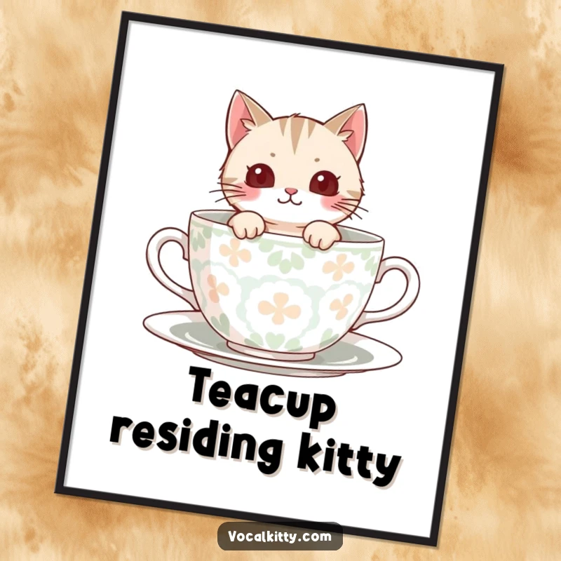 Funny Digital Art Print of a cat peeking from a large, patterned teacup, embodying cozy charm and cuteness.