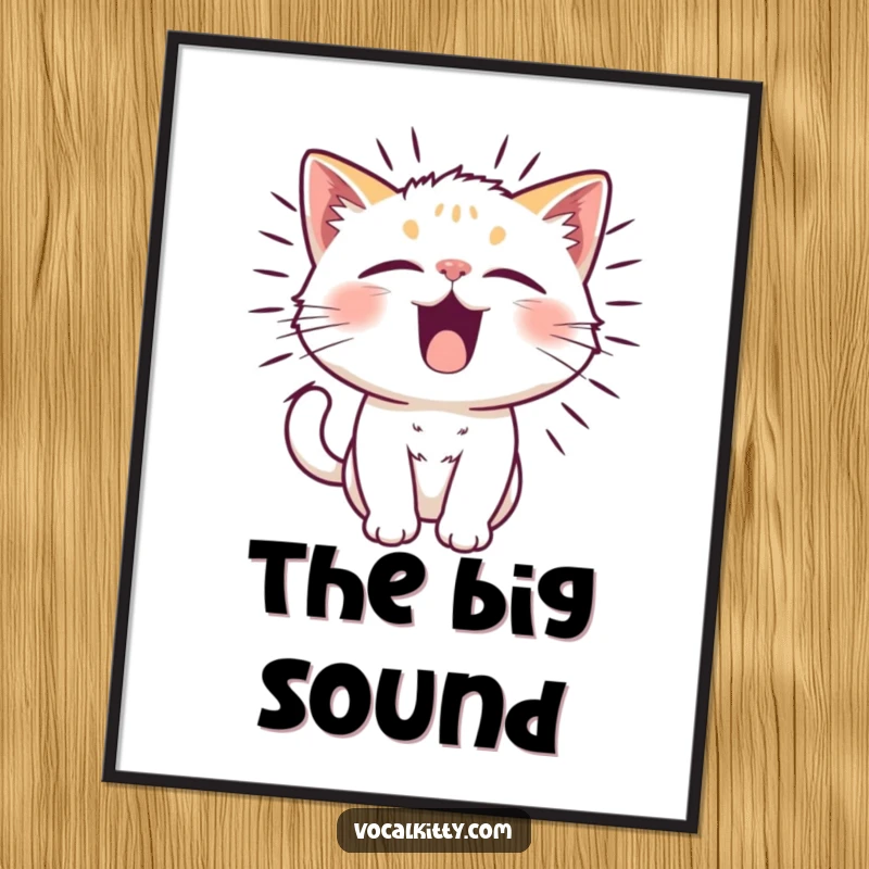 Funny cat character with fur vibrating from a powerful, funny noise, as a digital art print.