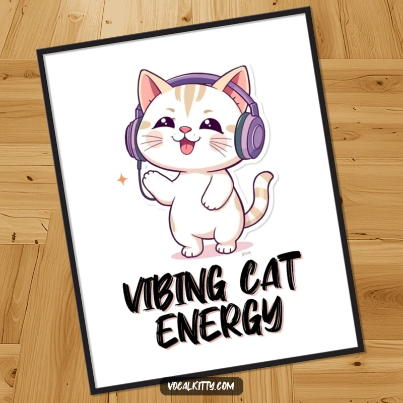 Funny digital art print of a cat wearing oversized headphones, bouncing energetically to loud music, capturing pure joy.