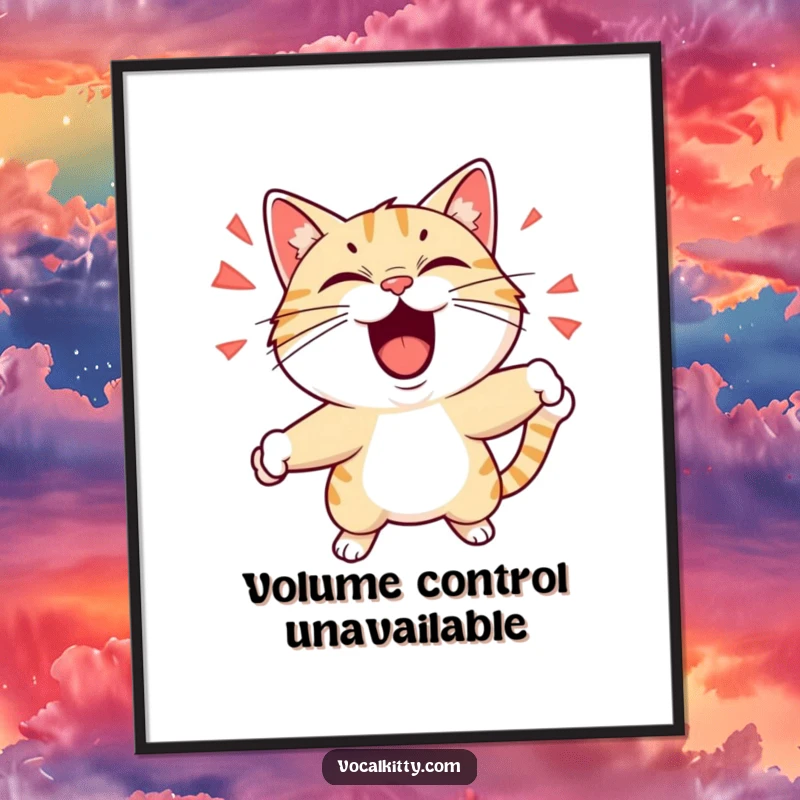 Funny digital art print of a cat playfully shouting with exaggerated facial expressions and dynamic motion, conveying lively energy and humor. High-resolution, printable art.