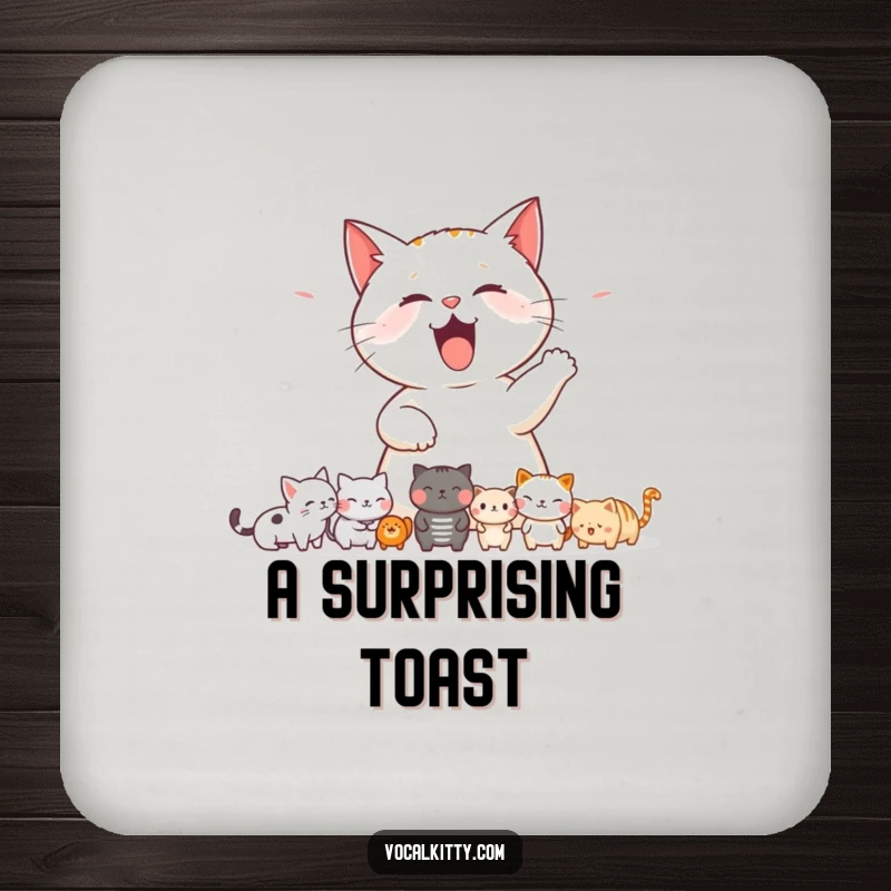 Funny cat drink coaster featuring a cat letting out a loud meow, comically startling a row of small animals.