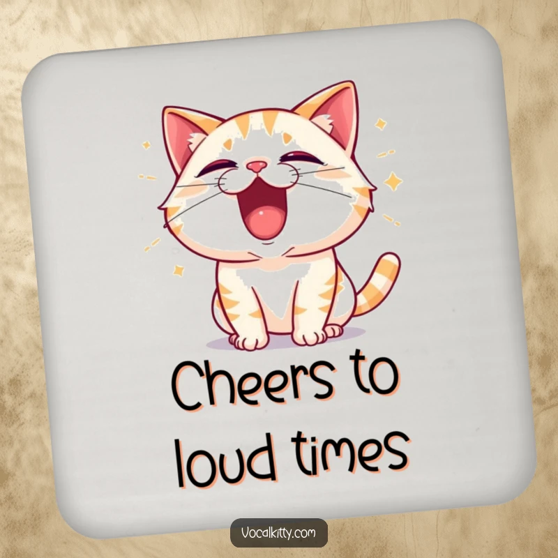 Funny Cat Shouting with Excitement, Sound Waves Emanating Coaster - Loud Table Protection