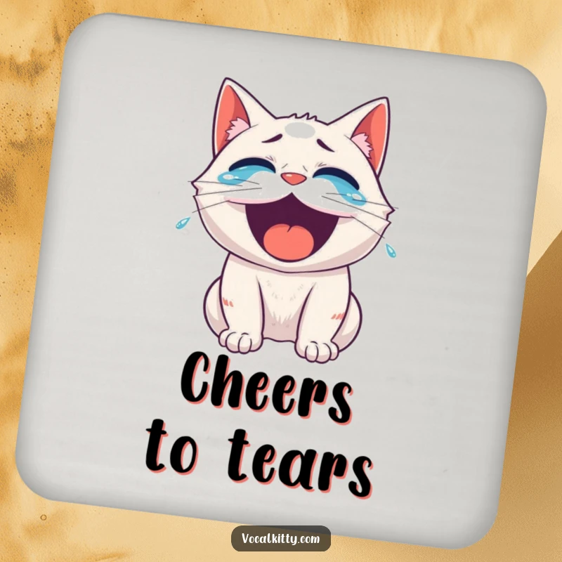 Funny roaring laughter cat coaster, tears of joy streaming, a humorous addition to protect your surfaces.